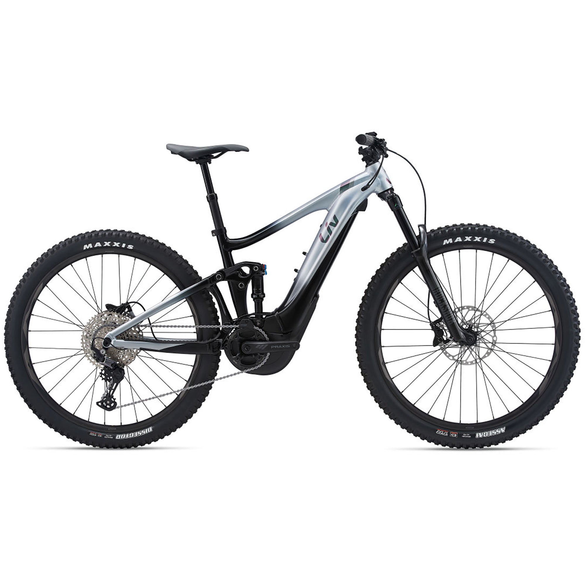 Liv 2022 Intrigue X E+ 3 Pro e-bike in Supernova color with sleek frame and suspension for versatile mountain riding.