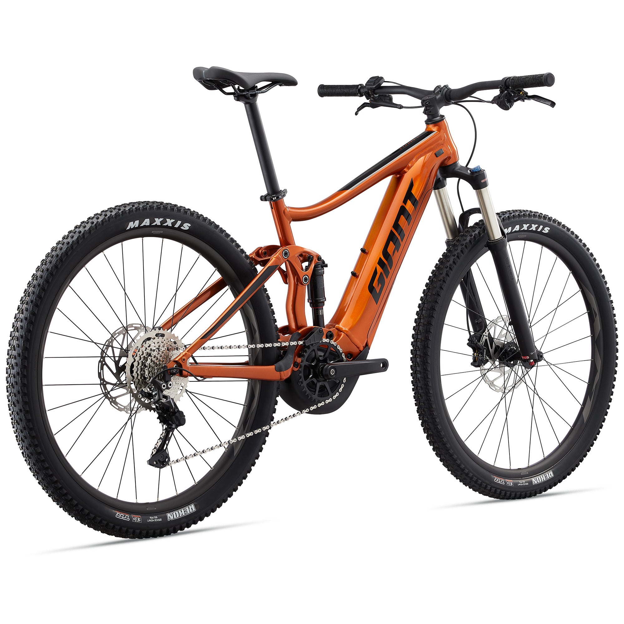 Rear view of the 2022 Giant Stance E+ 2 electric mountain bike in Amber Glow color showing its frame and rear wheel.