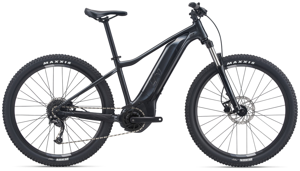 Liv Tempt E+ 3 e-bike in gunmetal black with sleek frame and mountain bike design, ready for off-road adventures.