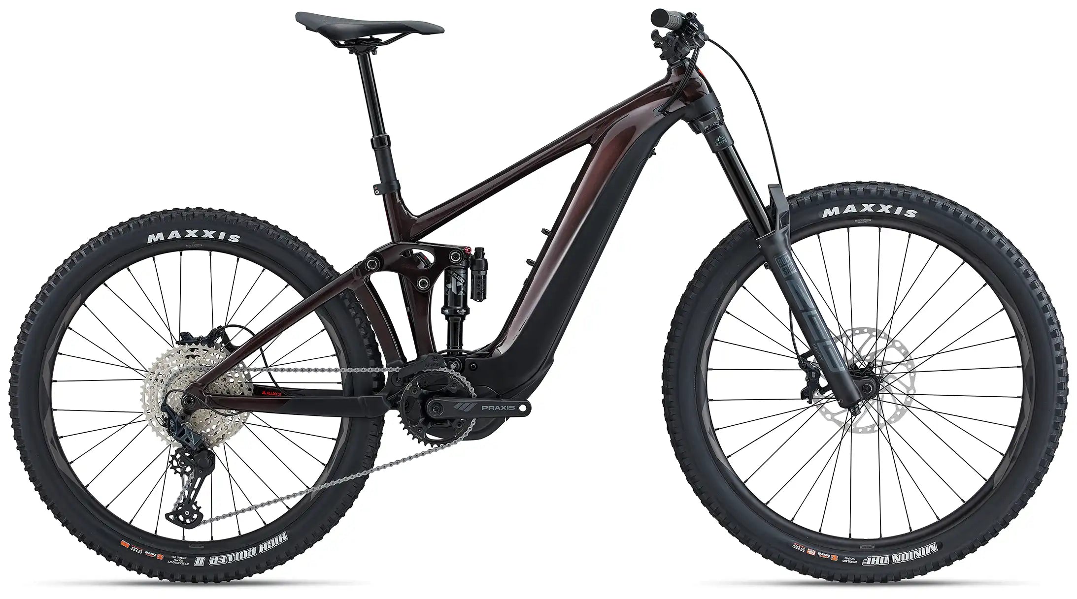 Giant 2023 Reign E+ 2 electric mountain bike with Cordovan color, featuring full suspension and modern e-bike design.