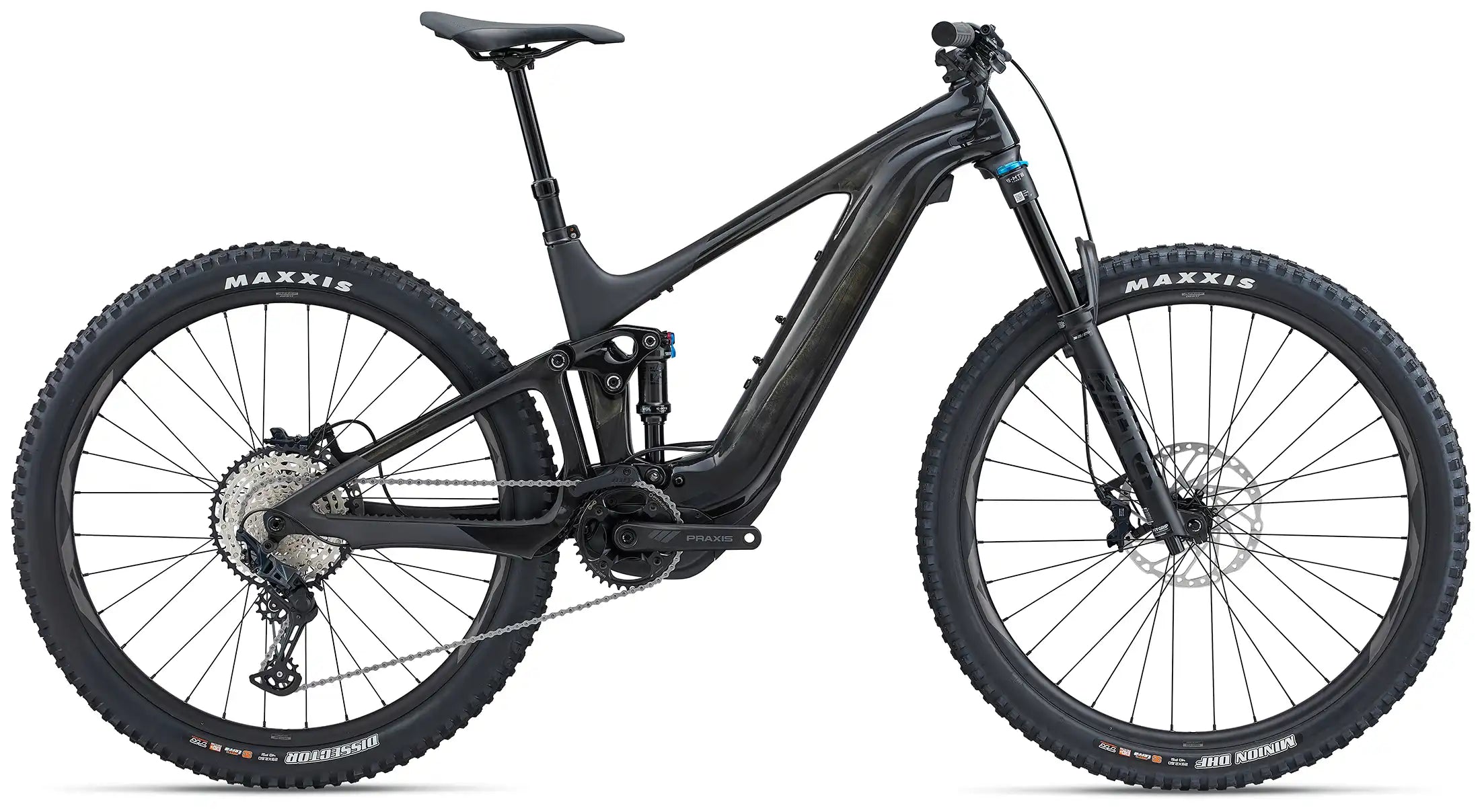 Giant Trance X Advanced E+ 2 electric mountain bike in Carbon Smoke color, showing the sleek frame and mountain bike details.