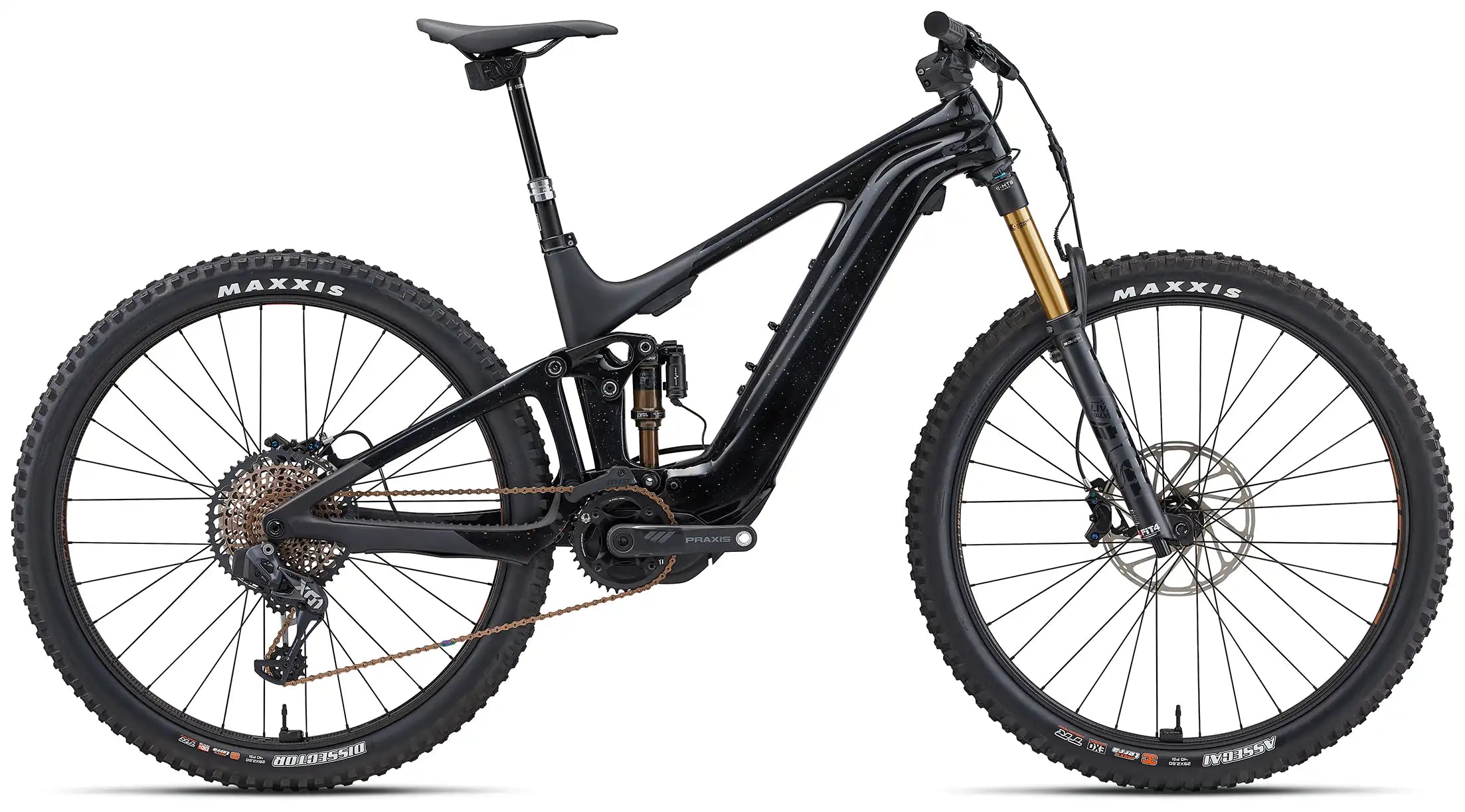 Giant 2023 Trance X Advanced E+ LTD electric mountain bike in Kashima Flake color, featuring a sleek frame and advanced suspension.
