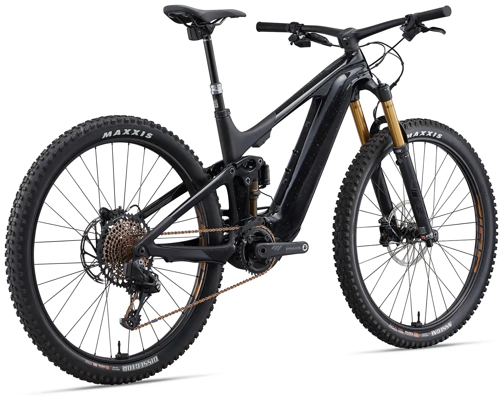 Giant 2023 Trance X Advanced E+ LTD e-bike with Kashima Flake color, showing rear view and sleek mountain bike design.